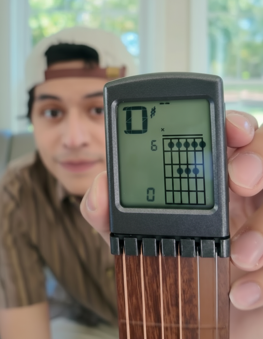 Person holding a digital guitar trainer with a blurred background