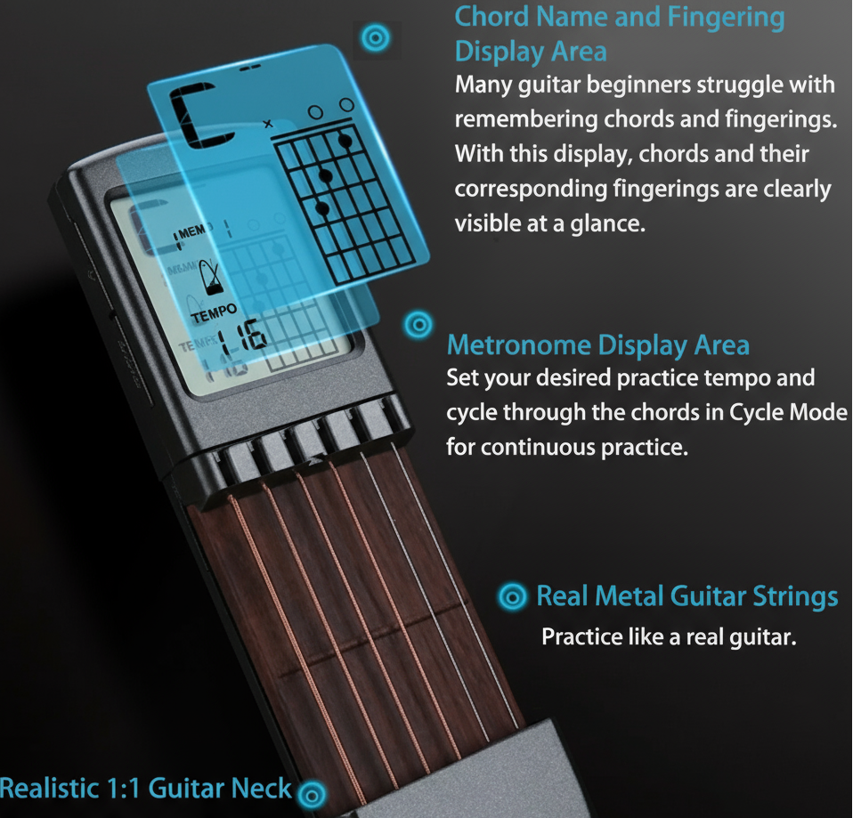 Guitar training device with digital display and metal strings on a dark background