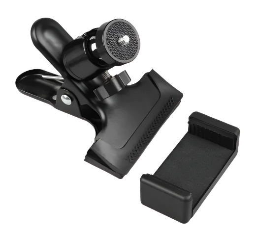 Black phone mount with clamp and holder on a white background