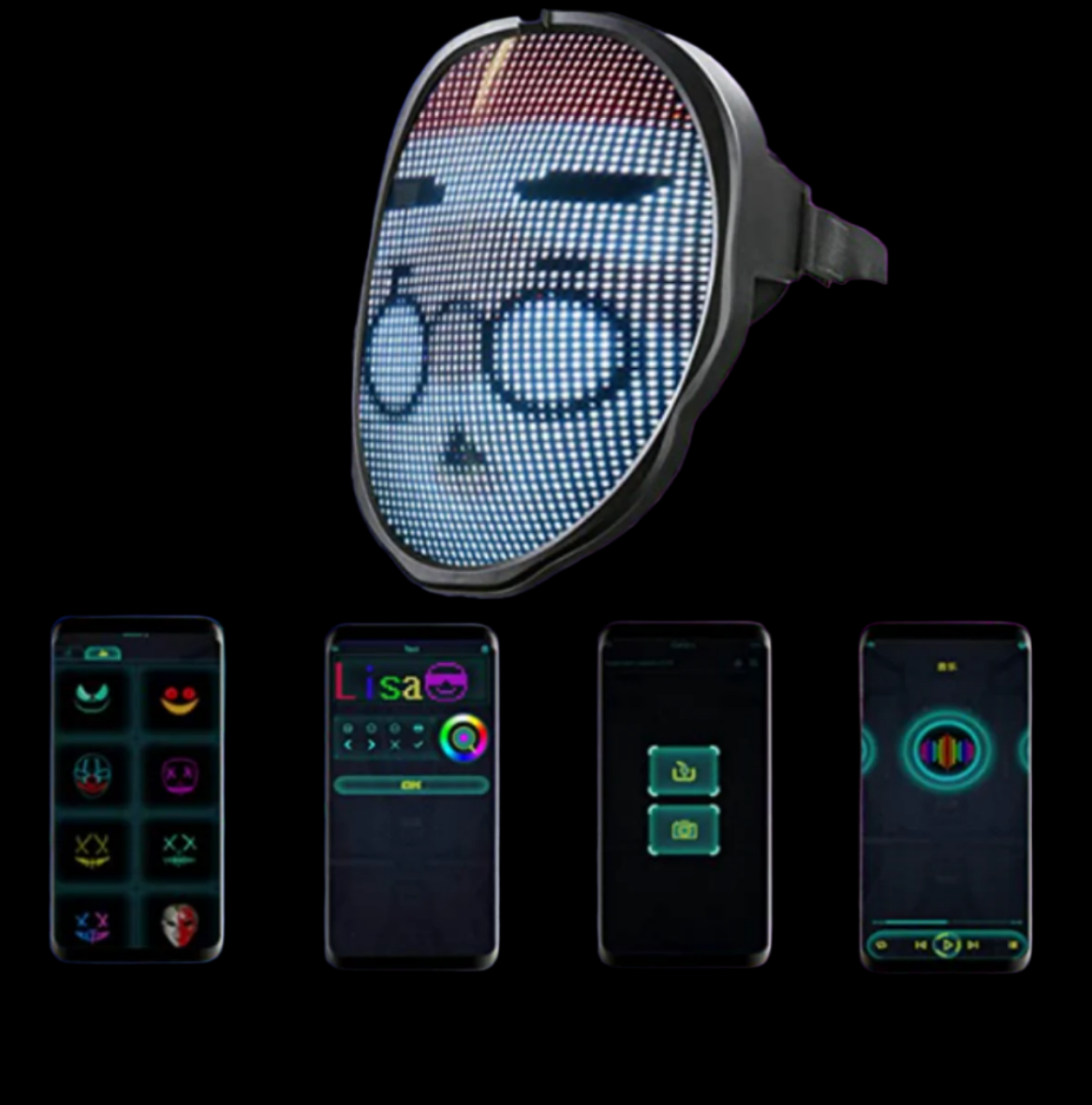 Glow in the Dark Halloween Costume LED Light Up Scary Face Mask with Photo Upload App