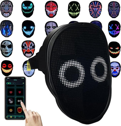 Glow in the Dark Halloween Costume LED Light Up Scary Face Mask with Photo Upload App