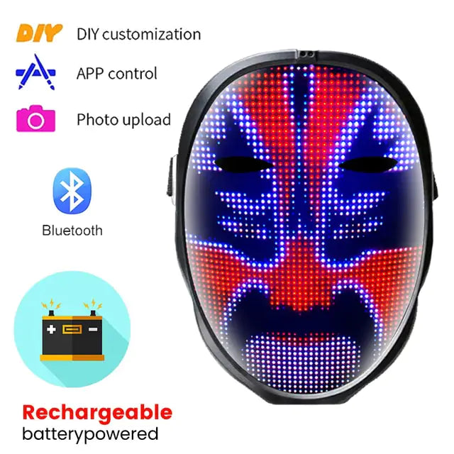 Glow in the Dark Halloween Costume LED Light Up Scary Face Mask with Photo Upload App