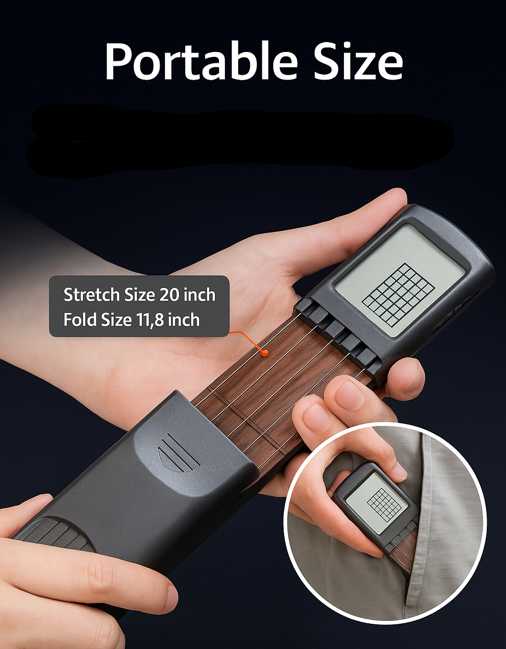 Portable guitar chords trainer held in a hand with text highlighting its size and portability.